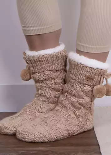 Ladies Cable Knit Pom Pom Slipper Socks in Oat by Totes | Look Again