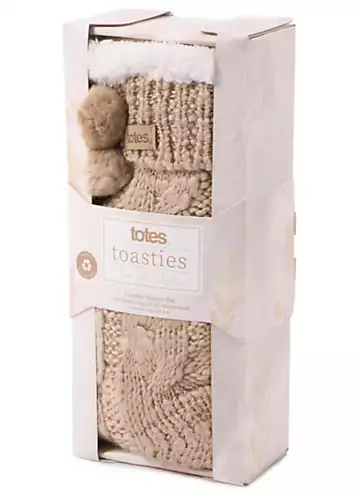 Ladies Cable Knit Pom Pom Slipper Socks in Oat by Totes | Look Again