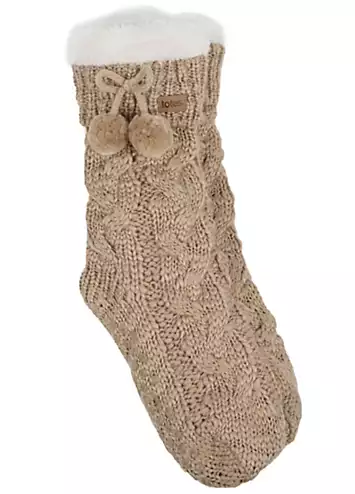 Ladies Cable Knit Pom Pom Slipper Socks in Oat by Totes | Look Again