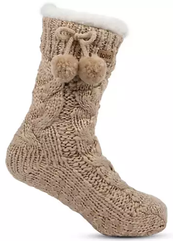 Ladies Cable Knit Pom Pom Slipper Socks in Oat by Totes | Look Again