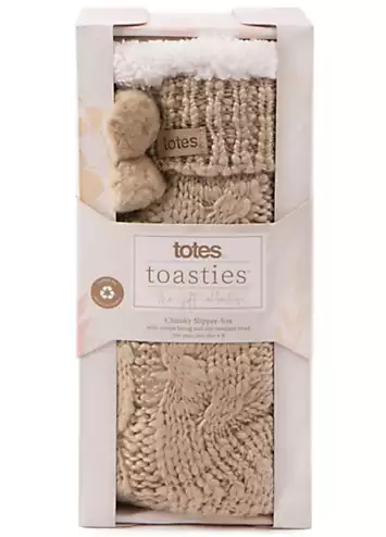 Ladies Cable Knit Pom Pom Slipper Socks in Oat by Totes | Look Again