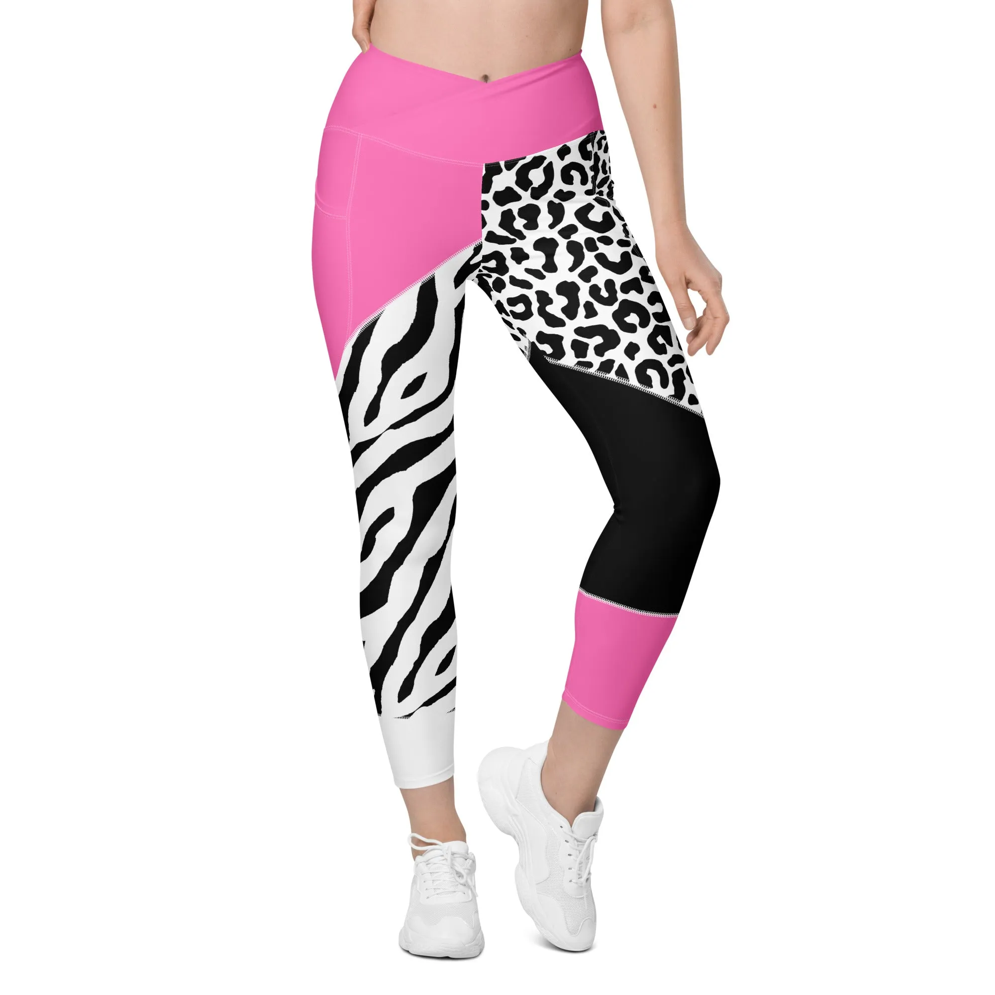 Leopard Color Block Crossover Leggings With Pockets