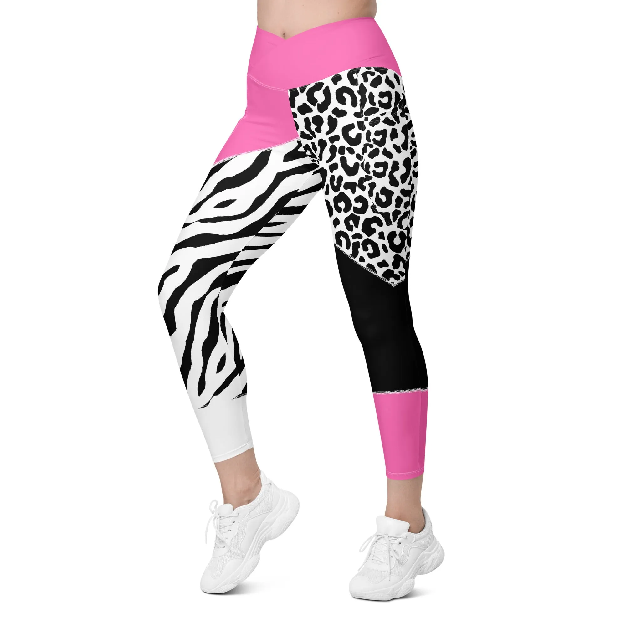 Leopard Color Block Crossover Leggings With Pockets