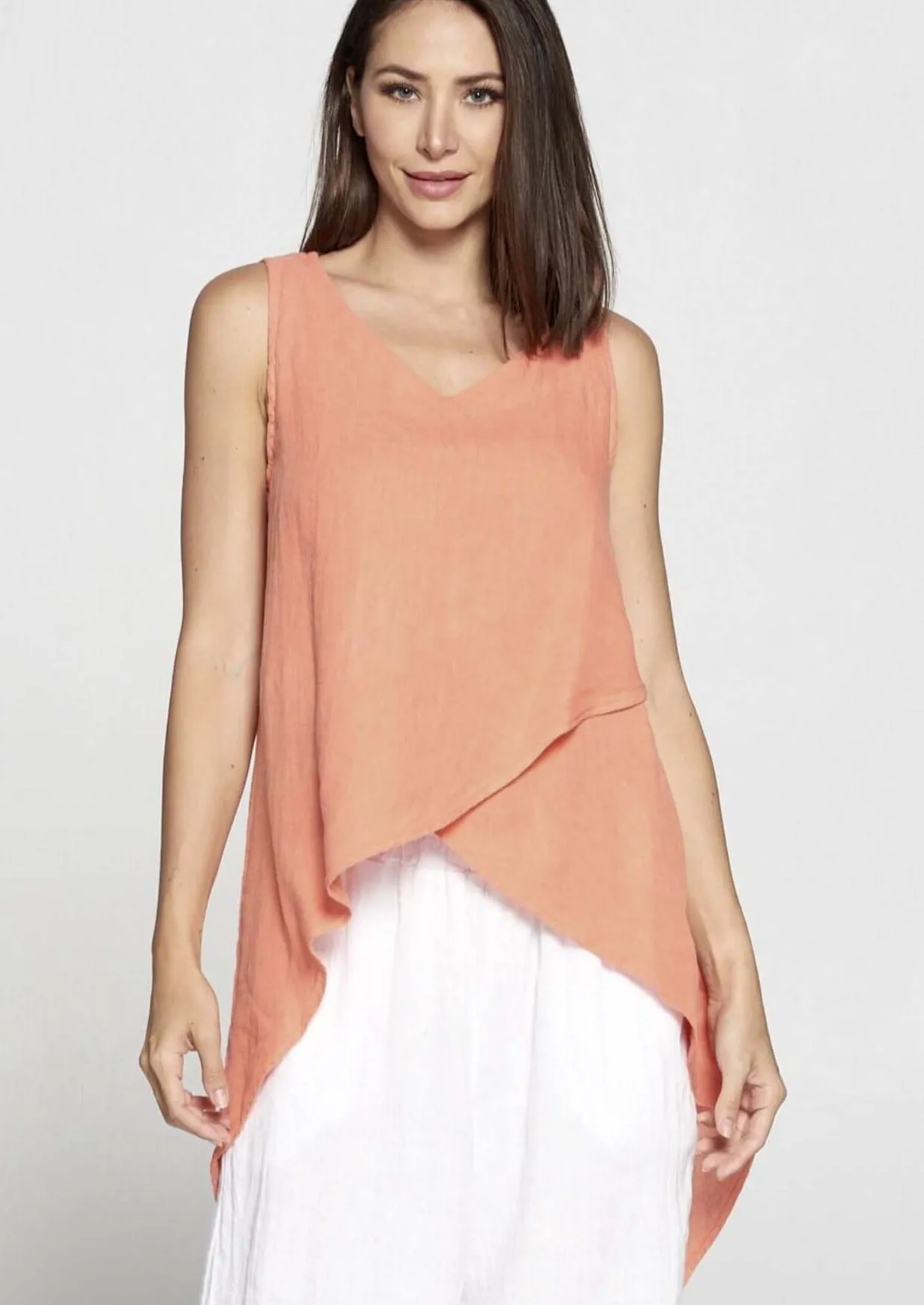 Linen Collection Coral High Low Sleeveless Top Made in USA - CLEARANCE FINAL SALE