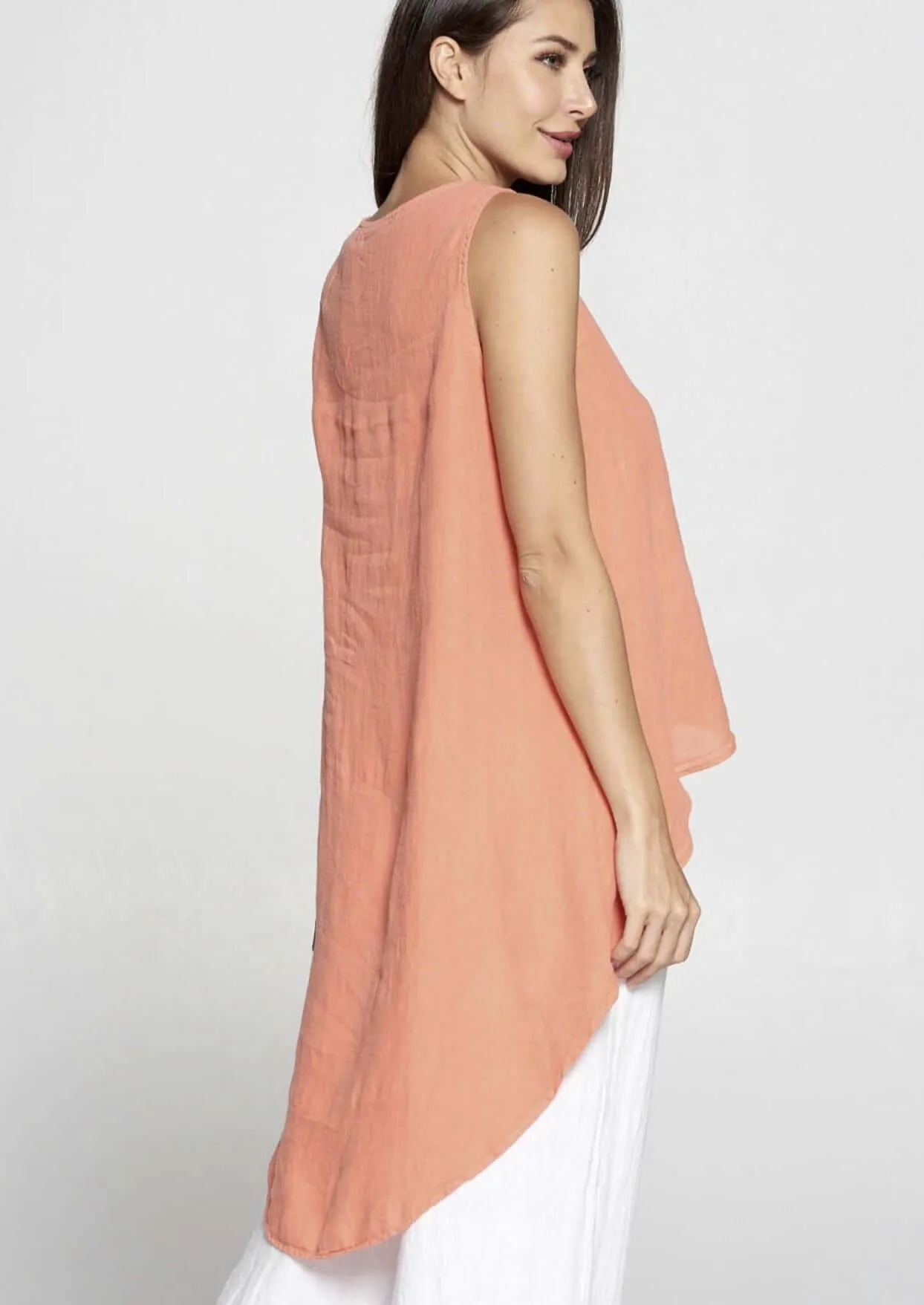 Linen Collection Coral High Low Sleeveless Top Made in USA - CLEARANCE FINAL SALE