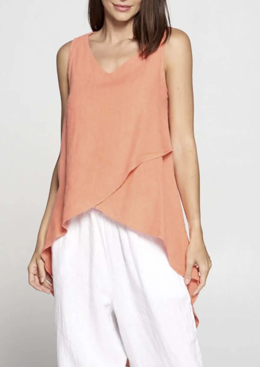 Linen Collection Coral High Low Sleeveless Top Made in USA - CLEARANCE FINAL SALE