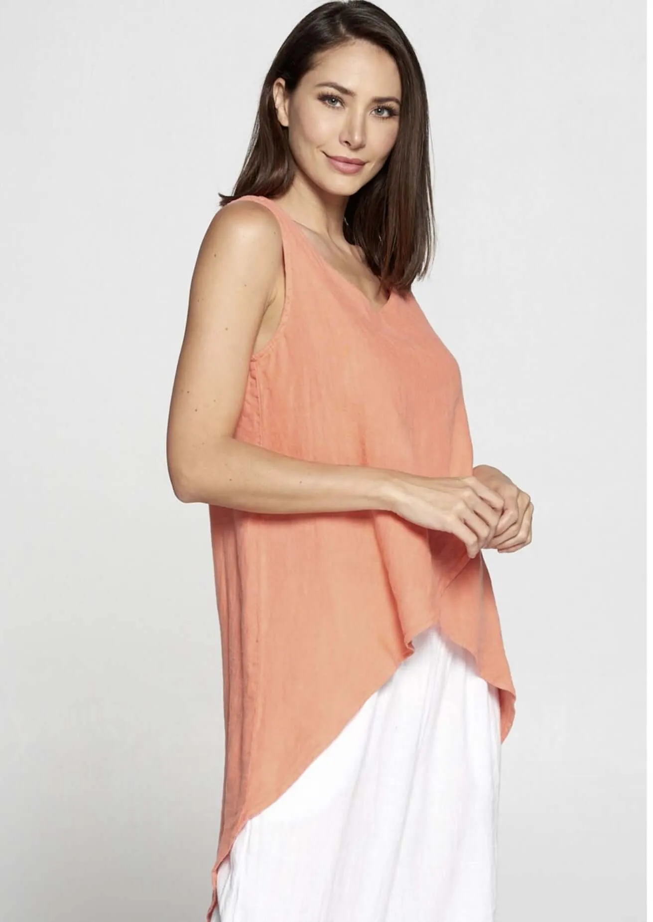 Linen Collection Coral High Low Sleeveless Top Made in USA - CLEARANCE FINAL SALE