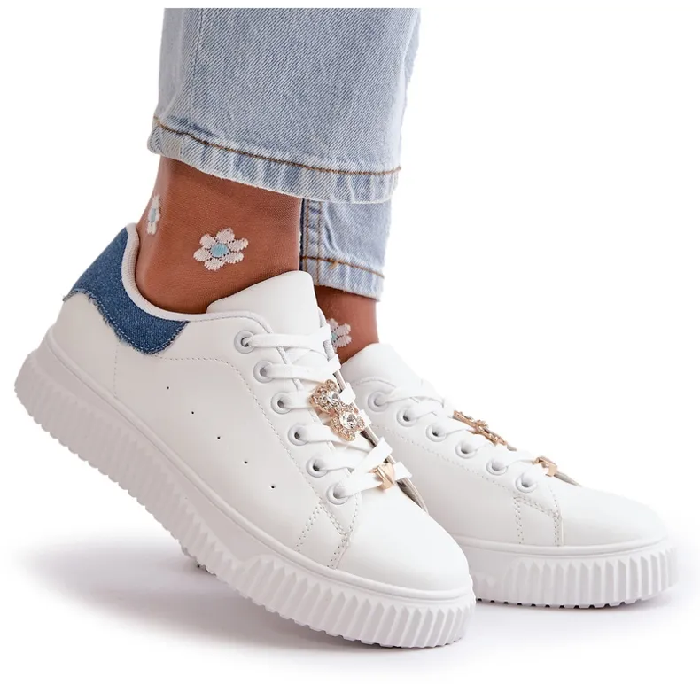 Low-Top Sneakers In Eco-Leather With Pins White And Blue Cillione