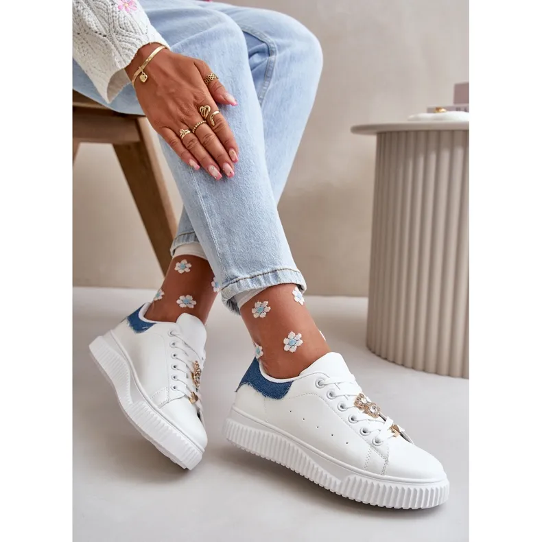 Low-Top Sneakers In Eco-Leather With Pins White And Blue Cillione