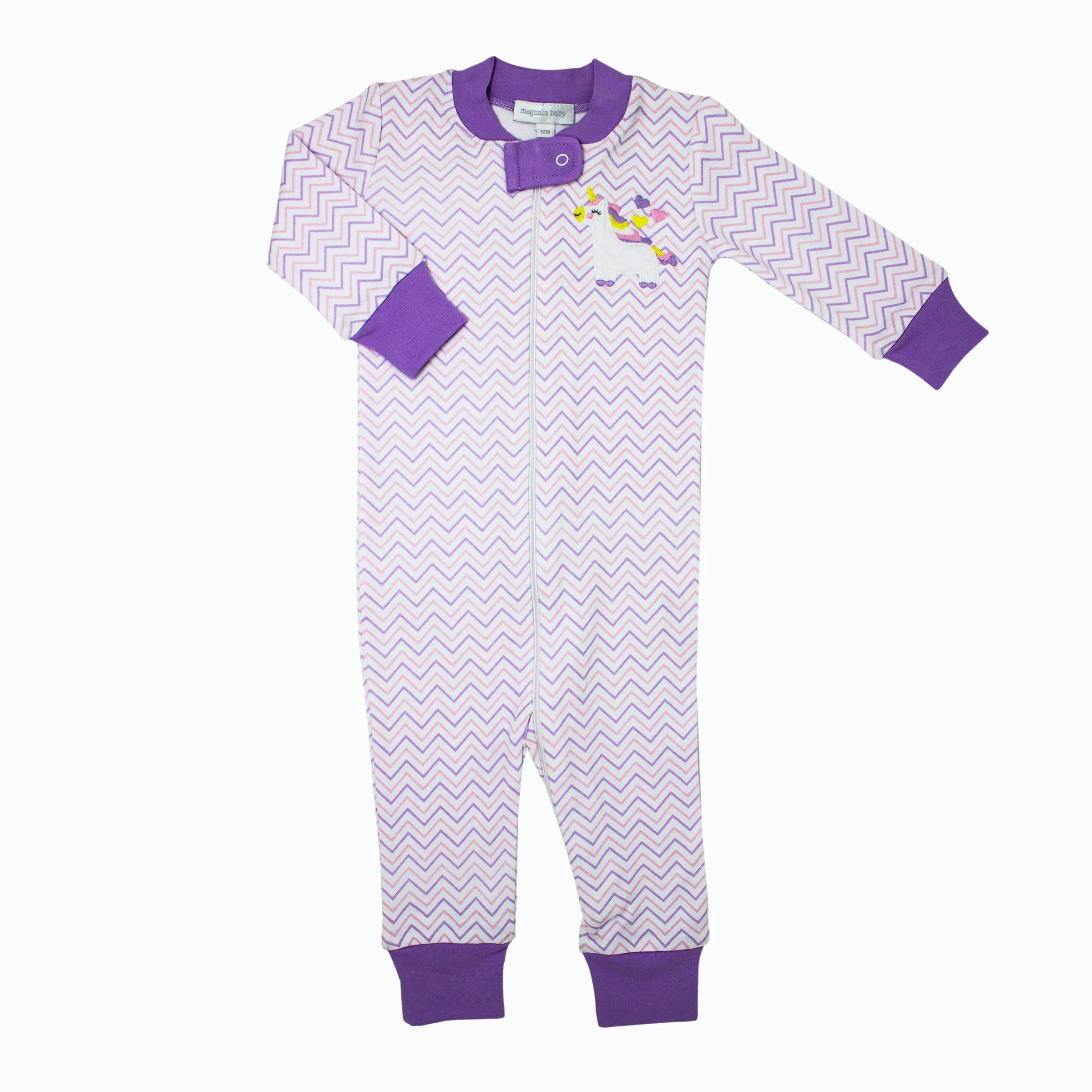 Magnolia Baby Zipped PJ Romper - Sweet Unicorn Applique Pink