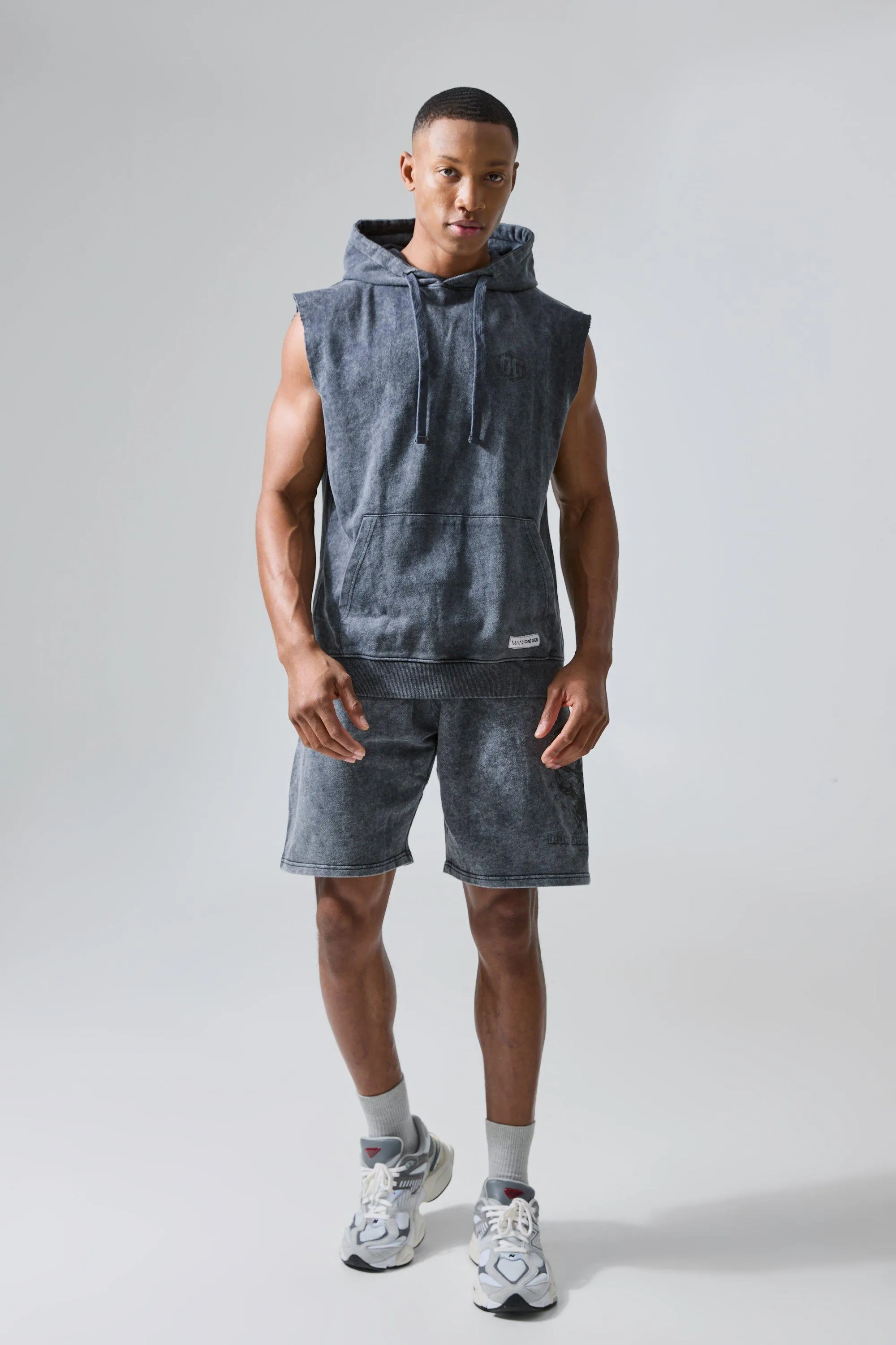 Man Active X Og Gym Washed Sleeveless Hooded Tracksuit | boohooMAN UK