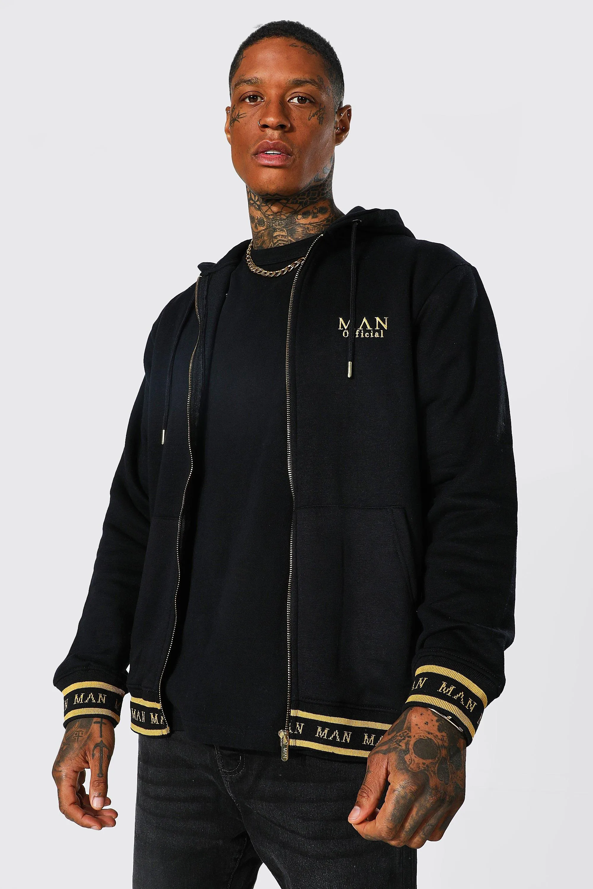 Man Gold Zip Through Hoodie With Intarsia Hem | boohooMAN UK