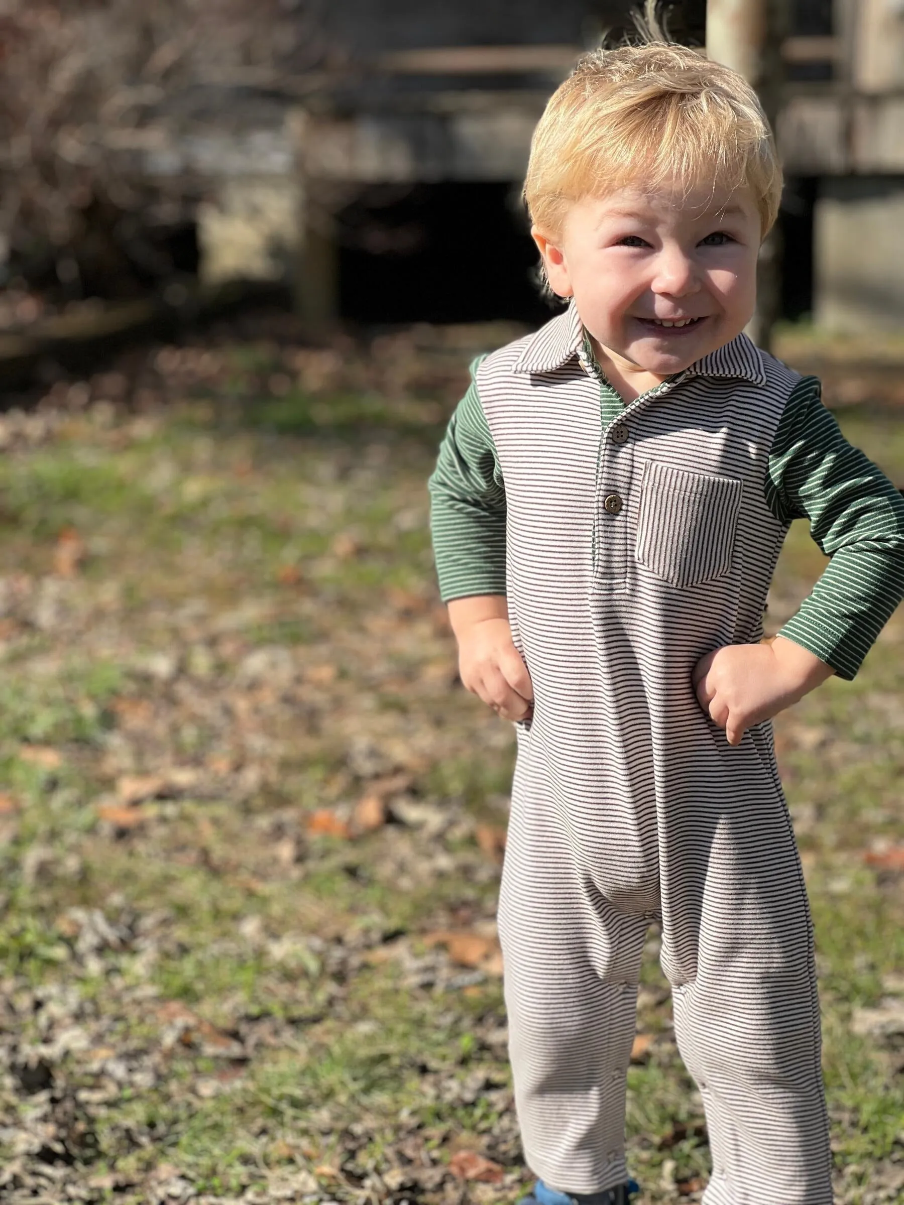 Me & Henry Arlington Cosy Polo Romper | Cream/Green Arms