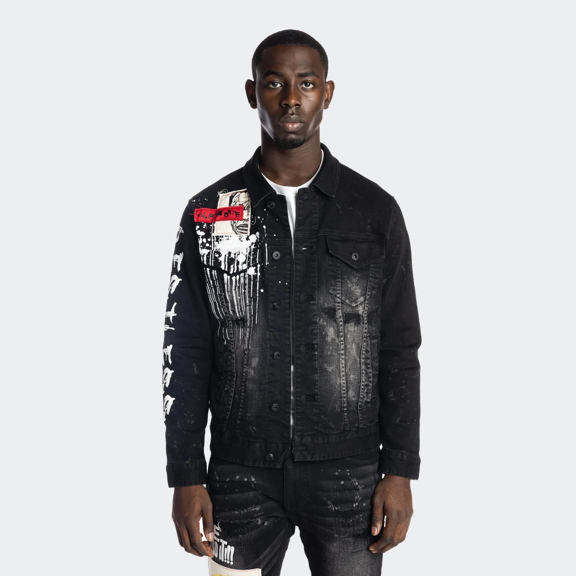 Men's Smoke Rise Graphic Patched Fashion Denim Jacket Dusty Black