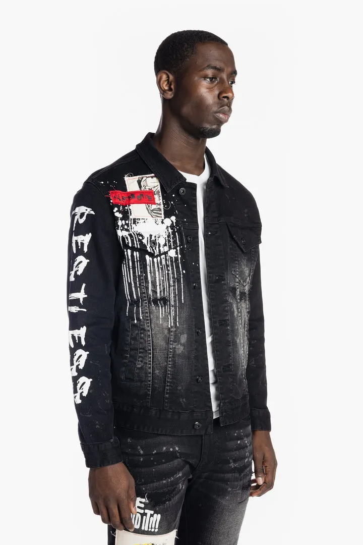 Men's Smoke Rise Graphic Patched Fashion Denim Jacket Dusty Black