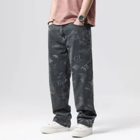 Men's loose straight jeans with graffiti print