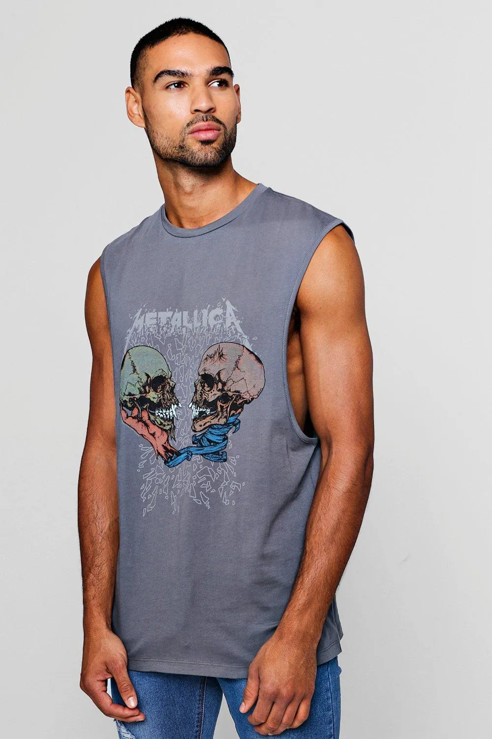 Metallica Scull Drop Arm Hole Vest | boohooMAN UK