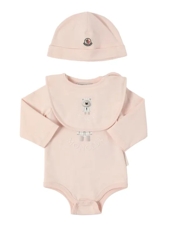 Moncler   Teddy bear cotton romper, hat & bib 