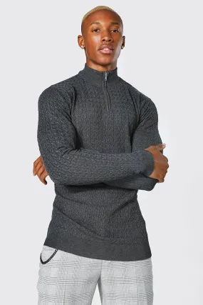 Muscle Funnel Neck Zip Cable Jumper | boohooMAN UK