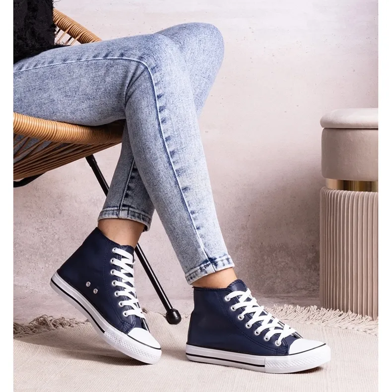 Navy blue high-top sneakers made of eco-leather by Bonifaca