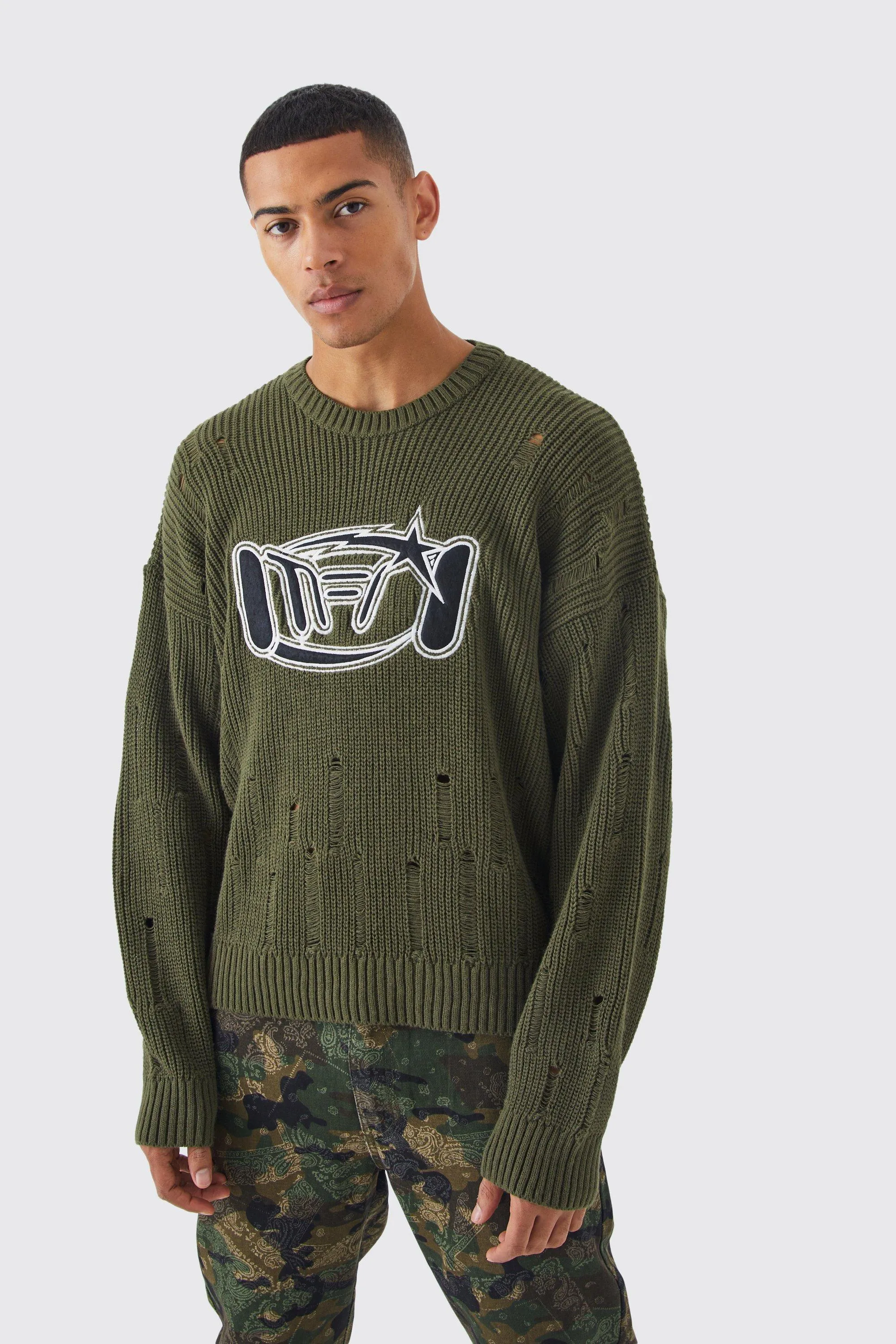 Oversized Boxy Laddered Applique Knit Jumper | boohooMAN UK