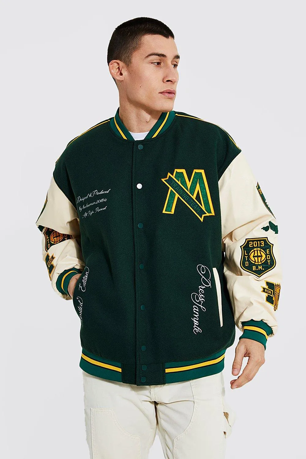 Oversized M Varsity Jacket With Back Piping Detail | boohooMAN UK