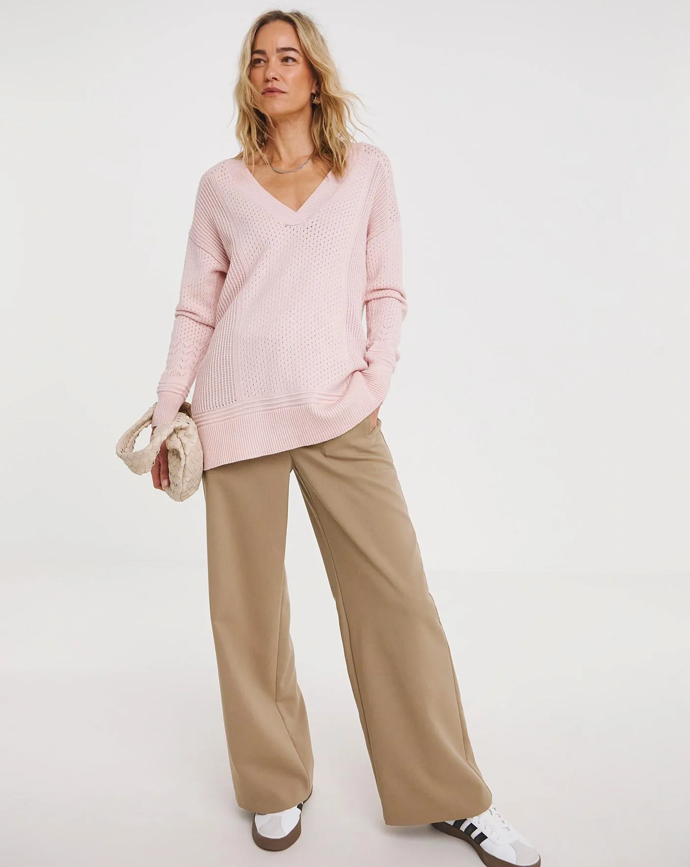 Pink Multi Stitch V Neck Jumper