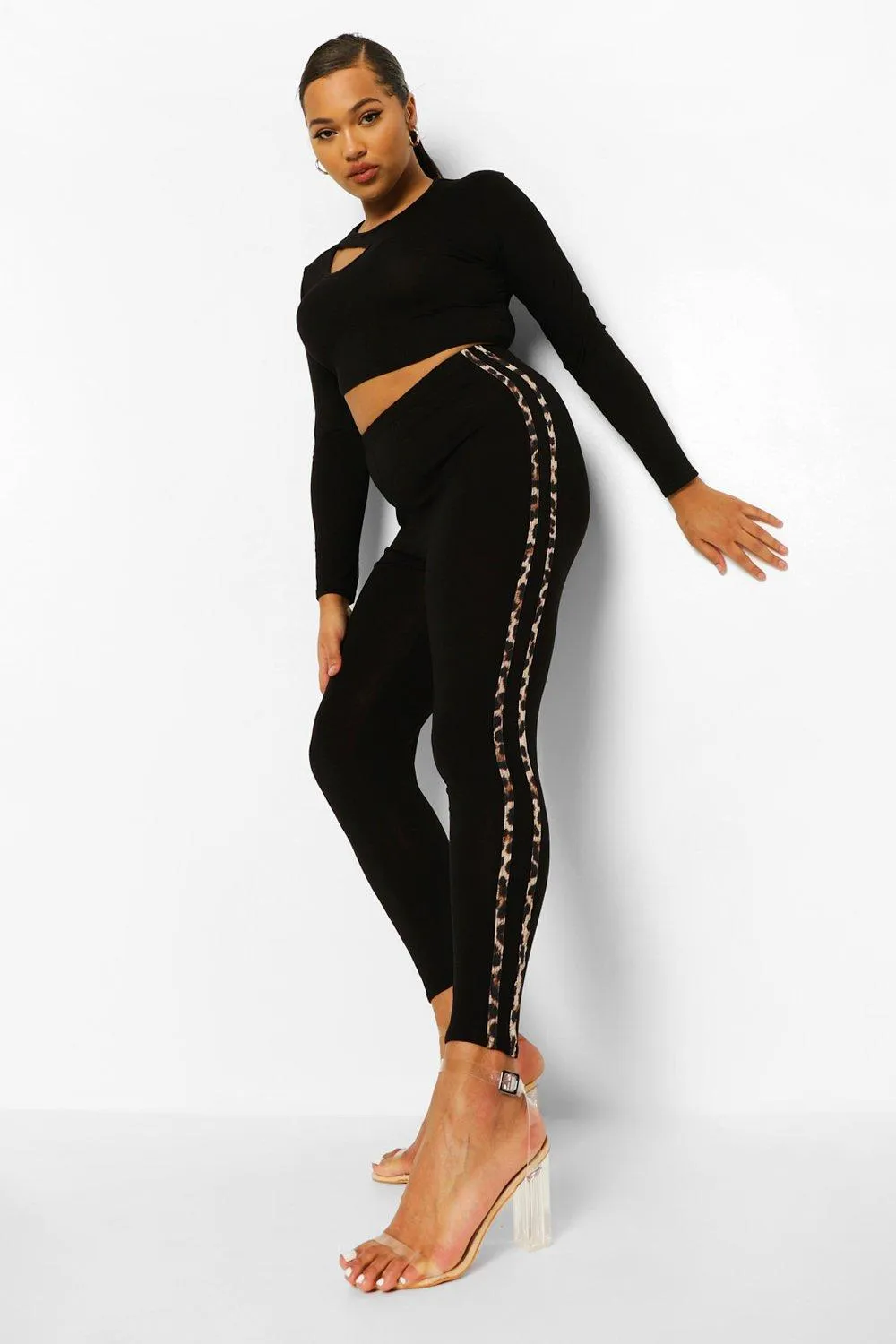 Plus High Waist Leopard Side Stripe Leggings