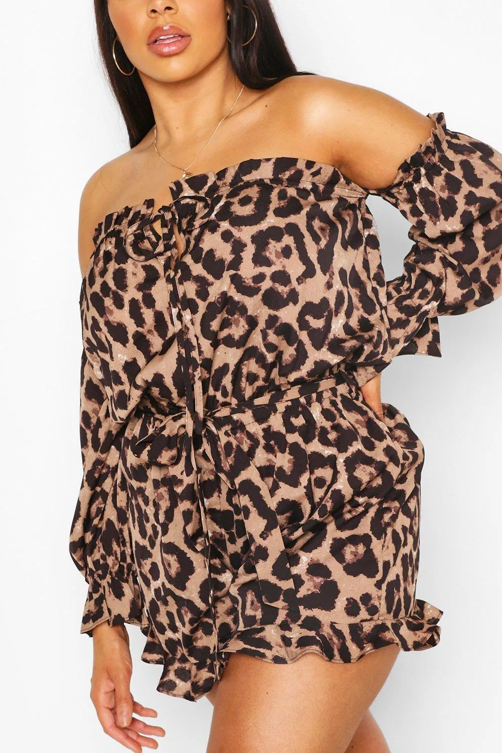 Plus Leopard Off The Shoulder Romper