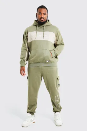 Plus Man Colour Block Cargo Hooded Tracksuit