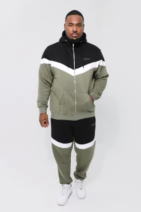 Plus Man Funnel Neck Hooded Colour Block Tracksuit