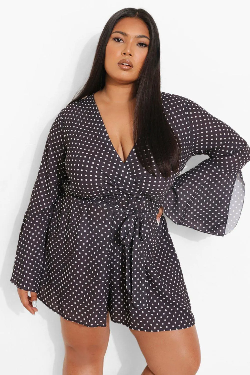 Plus Polka Flared Sleeve Tie Waist Romper