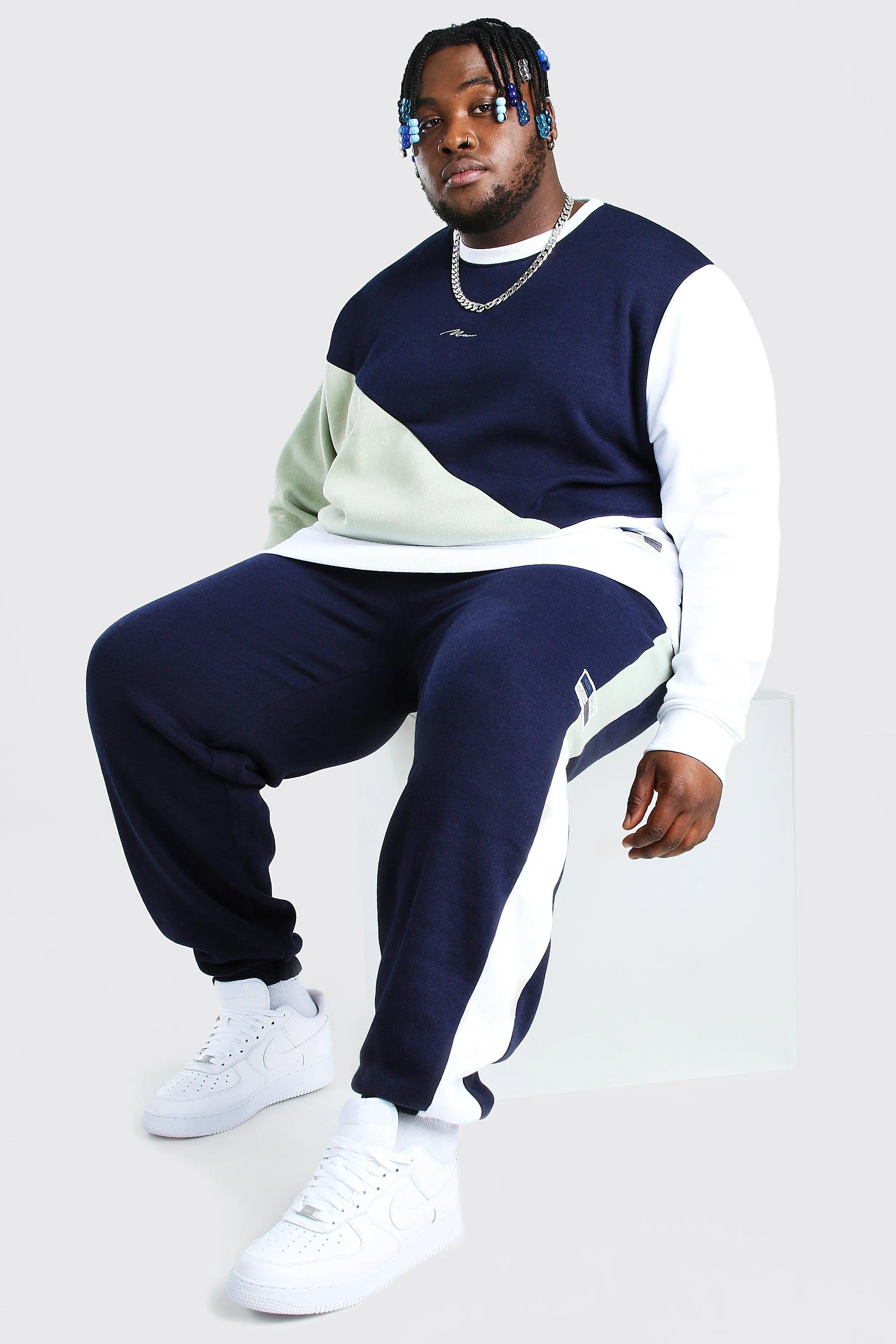 Plus Size MAN Spliced Colour Block Tracksuit | boohooMAN UK