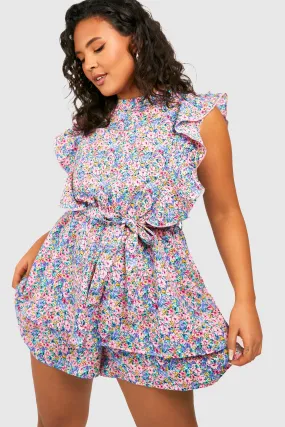 Plus Woven Ditsy Floral Ruffle Romper