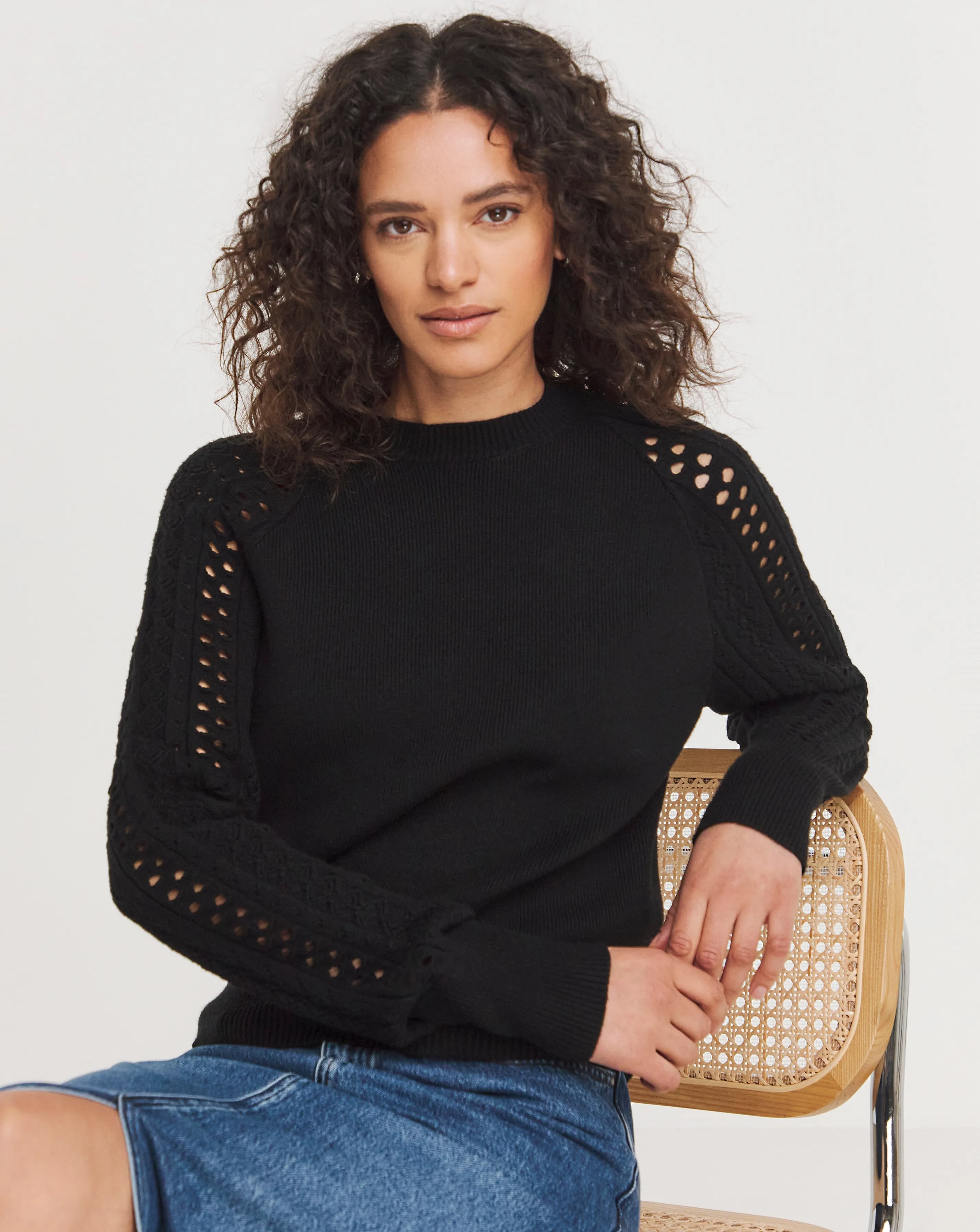 Pointelle Sleeve Crew Neck Jumper