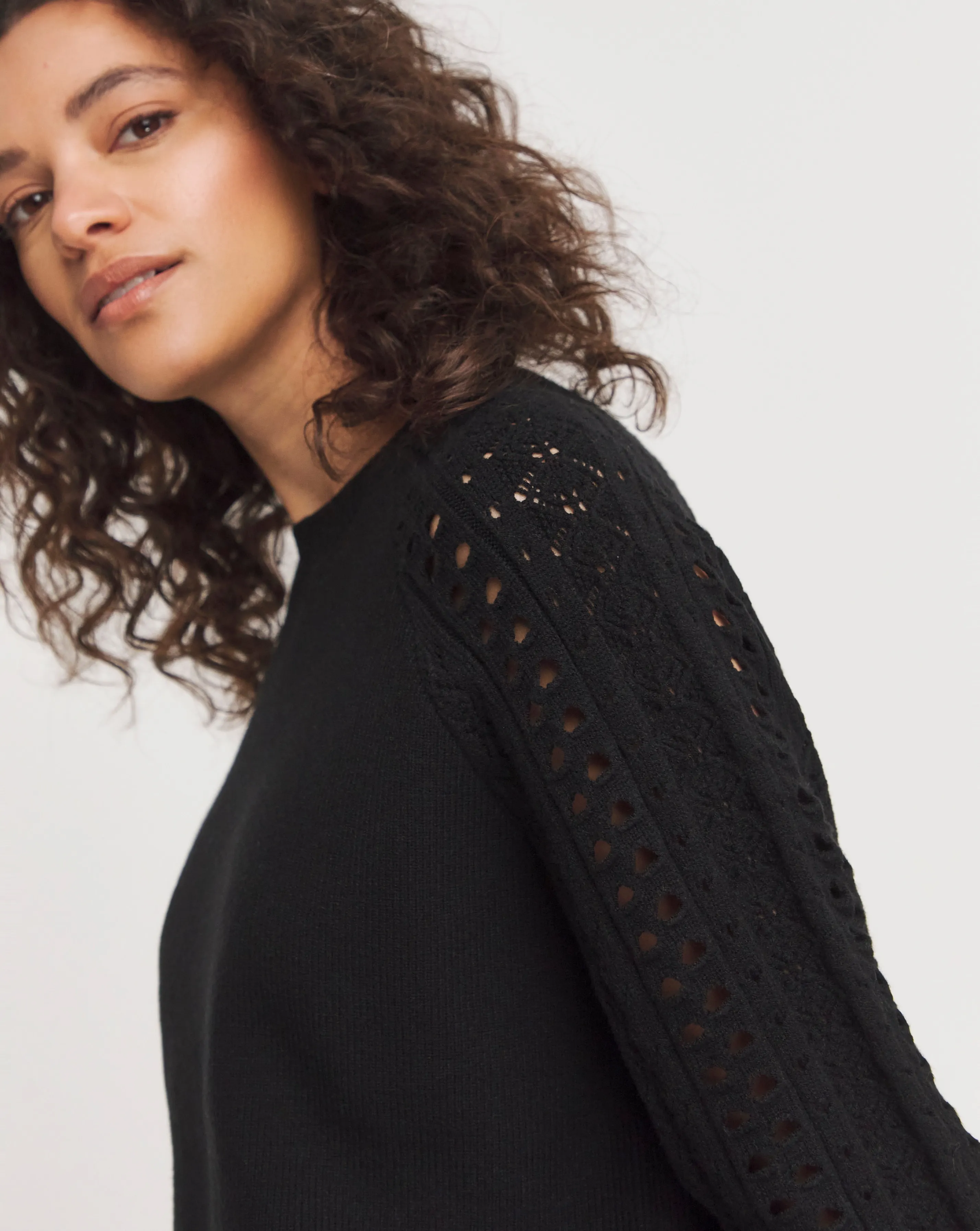 Pointelle Sleeve Crew Neck Jumper