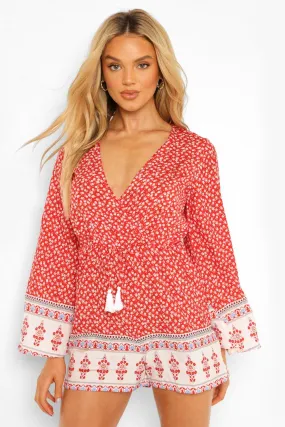 Printed Tassel Trim Flare Sleeve Romper