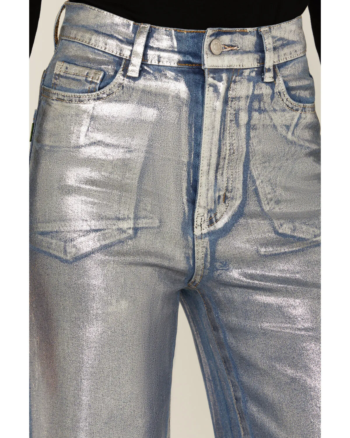 Product Name:  Vibrant Denim Women's Medium Wash Metallic Wide Leg Denim Jeans