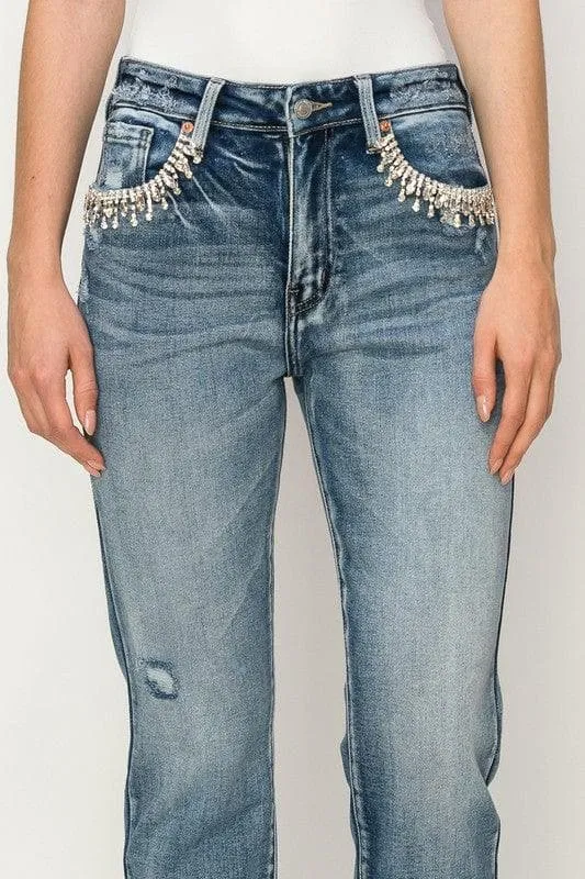 Reagan High Rise Crystal Embellished Crop Straight Jeans