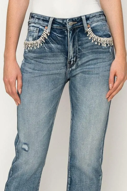 Reagan High Rise Crystal Embellished Crop Straight Jeans