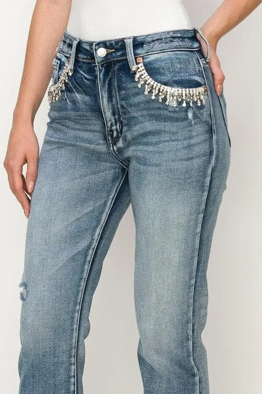 Reagan High Rise Crystal Embellished Crop Straight Jeans