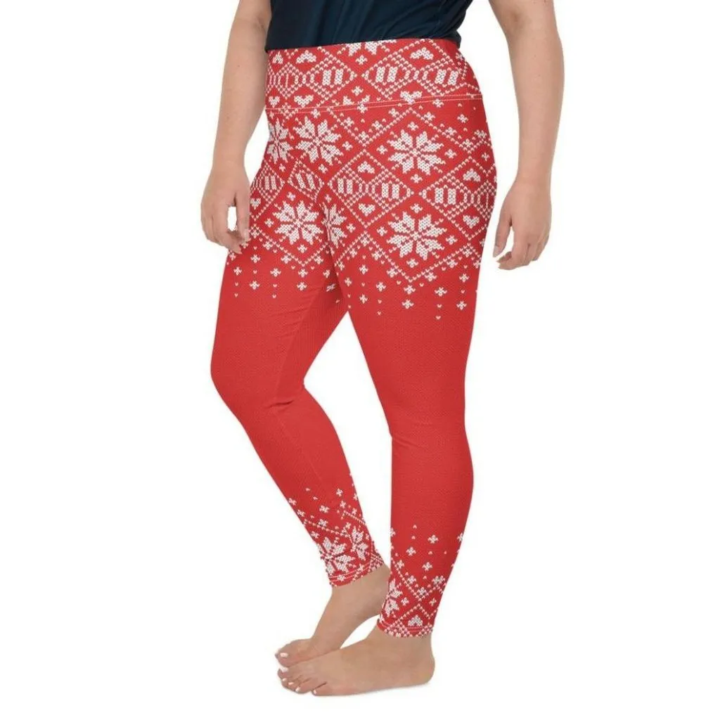 Red Knitted Print Christmas Plus Size Leggings