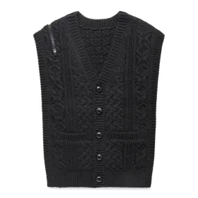 REVERSED DOUBLE ZIP ARAN PATTERN VEST BLACK | Bodega