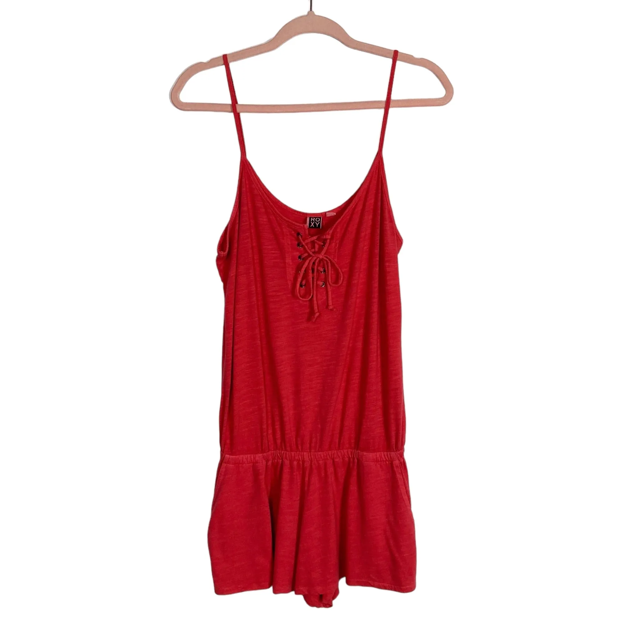 Roxy Washed Red Lace Up Romper- Size M (see notes)