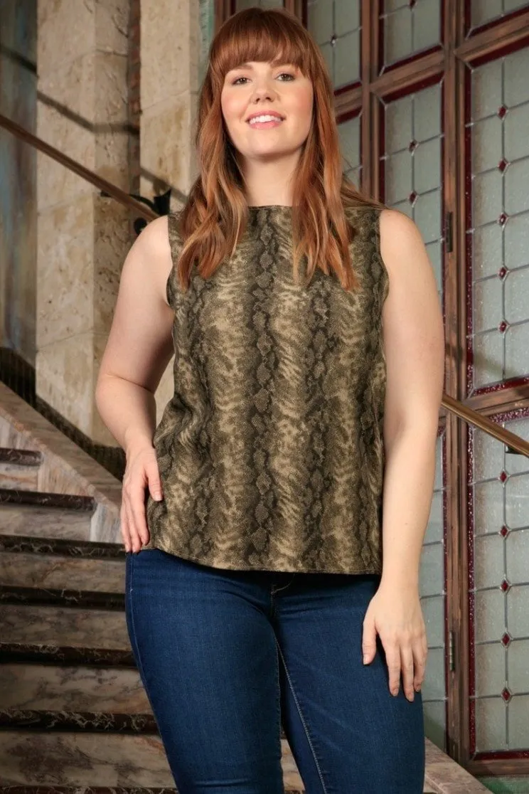 Sage Green Animal Print Sleeveless Dressy Sexy Curvy Top Plus Size