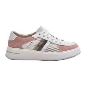 S.Barski D&amp;A Women's Leather Sneakers LR110 White and Pink