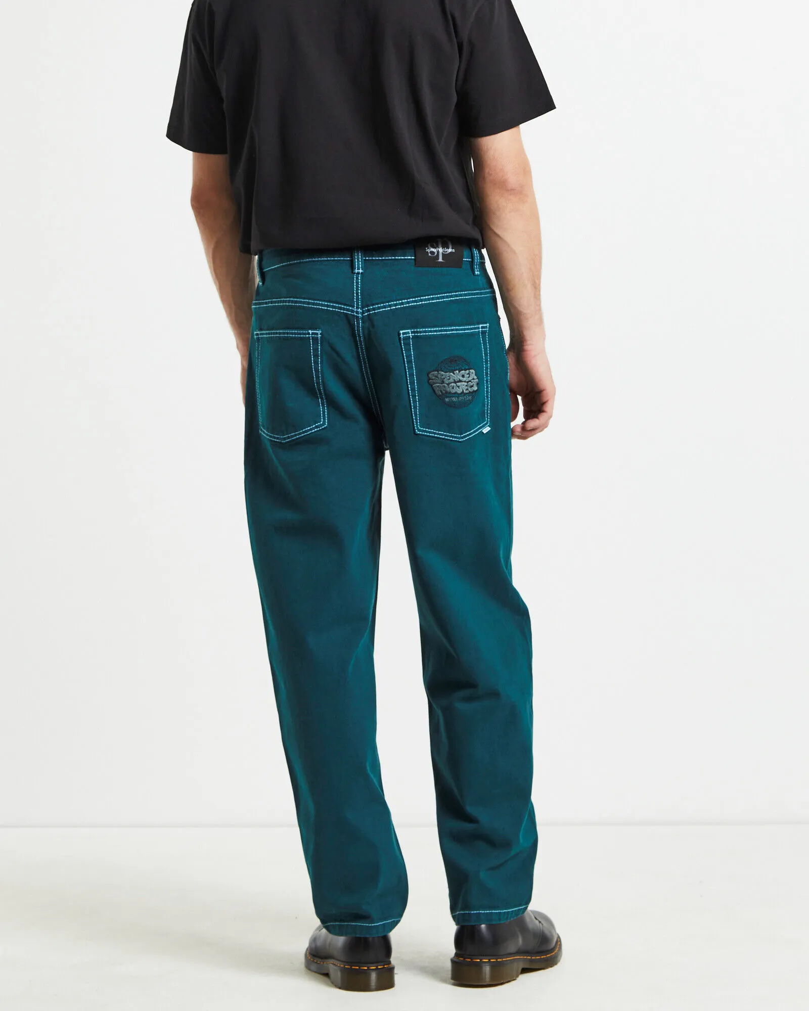 Spencer Project Wide Boy Contrast Stitch Jeans Pine Green