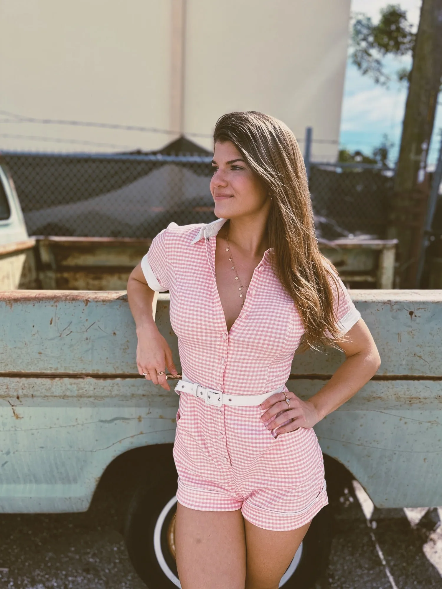 Strawberry Wine Pink Gingham Print Denim Romper