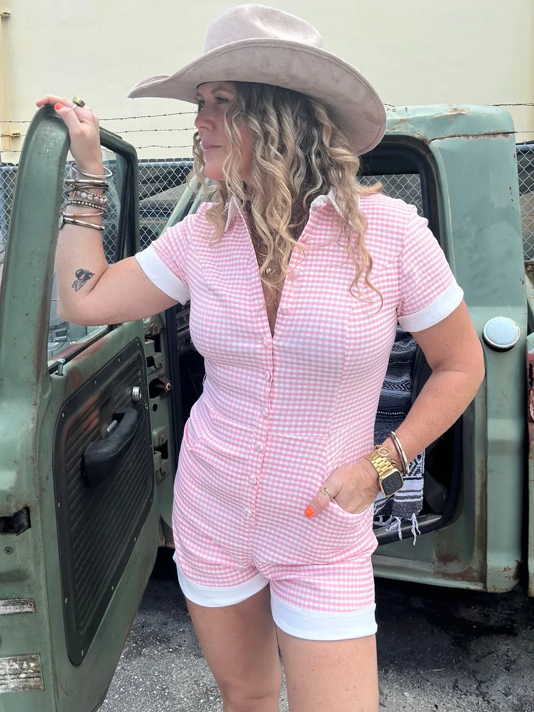 Strawberry Wine Pink Gingham Print Denim Romper