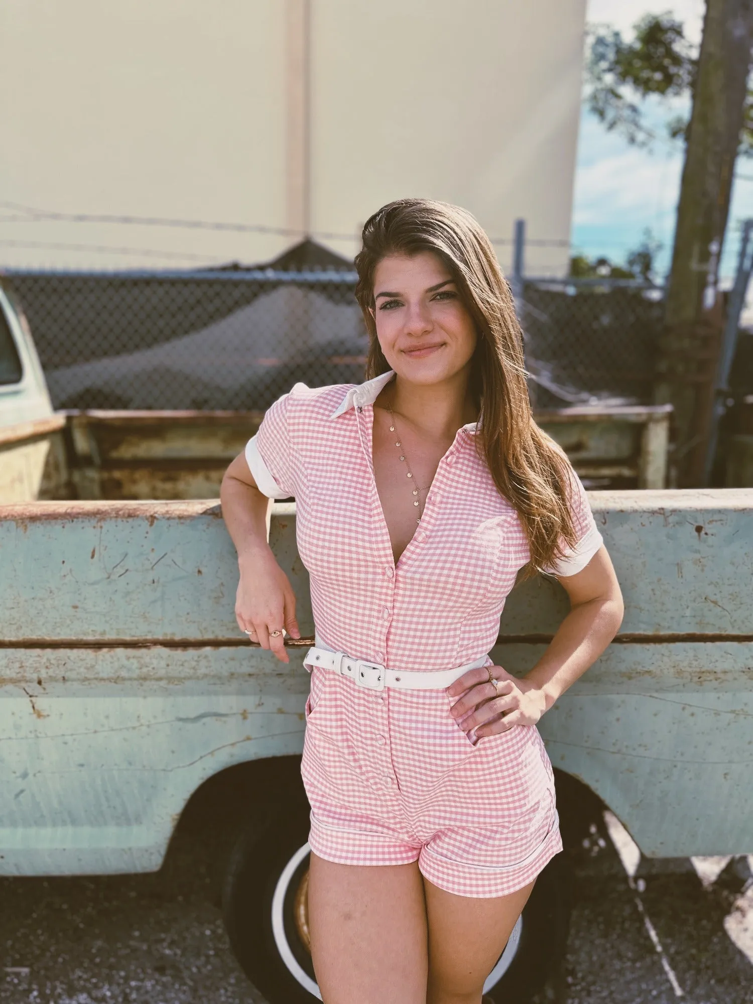 Strawberry Wine Pink Gingham Print Denim Romper